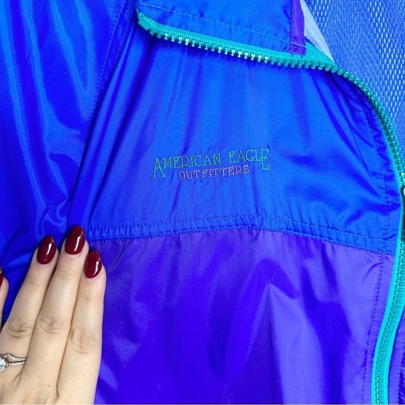 VINTAGE American Eagle 80s Zip Up Windbreaker Packable Hood Lightweight Mens XL - Picture 4 of 13